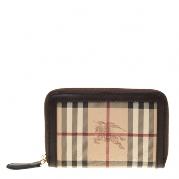 Pre Owned Burberry Dark Brown Coated Canvas Haymarket Check Trim Zip Around Wallet