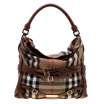 Pre Owned Burberry Brown House Check Canvas Medium Bridle Gosford Hobo