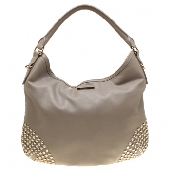 Pre Owned Burberry Grey Leather Studded Hobo