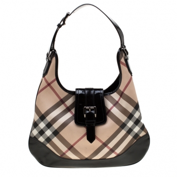 Pre Owned Burberry Black/Beige Nova Check PVC and Patent Leather Brooke Hobo