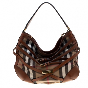 Pre Owned Burberry Brown House Check Canvas and Leather Briddle Hobo