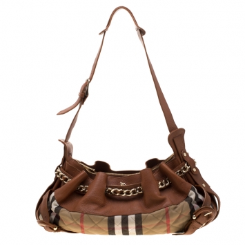 Pre Owned Burberry Brown/Beige Leather and Quilted House Check Margaret Shoulder Bag