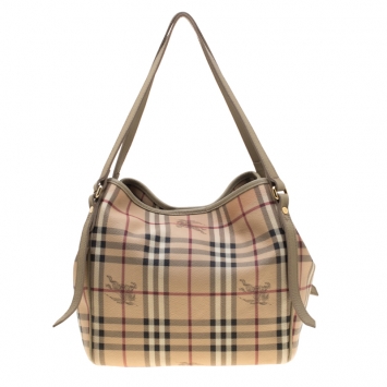 Pre Owned Burberry Beige Haymarket Check Coated Canvas and Leather Small Canterbury Tote