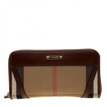 Pre Owned Burberry Brown/Beige House Check Canvas and Leather Zip Around Wallet