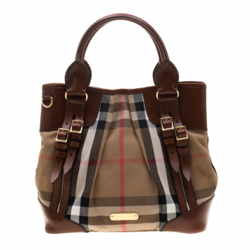Pre Owned Burberry Brown House Check Canvas and Leather Bridle Whipstitch Tote