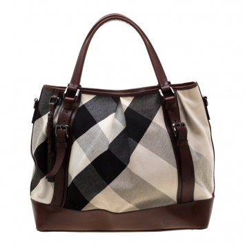 Pre Owned Burberry Brown Leather and Mega Check Canvas Lowry Tote