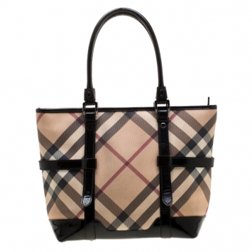 Pre Owned Burberry Beige/Black Nova Check PVC and Leather Tote