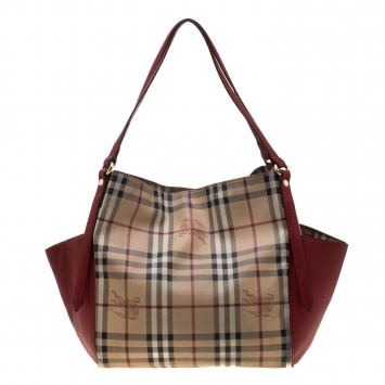 Pre Owned Burberry Beige/Military Red Haymarket Check PVC Small Canterbury Tote