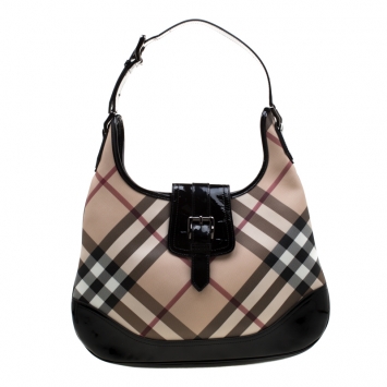 Pre Owned Burberry Black/Beige Nova Check PVC and Patent Leather Brooke Hobo