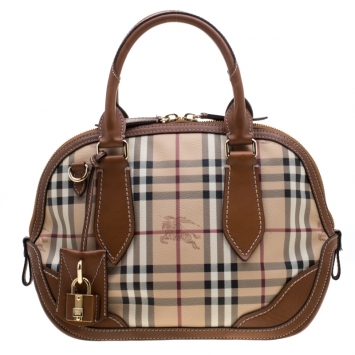 Pre Owned Burberry Brown Haymarket Check PVC and Leather Dome Satchel