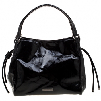 Pre Owned Burberry Black Embossed Check Patent Leather Tote 