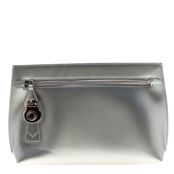 Pre Owned Burberry Silver Patent Leather Lock Trench Clutch