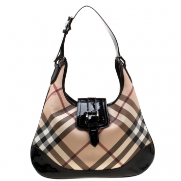 Pre Owned Burberry Black/Beige Nova Check PVC and Patent Leather Brooke Hobo