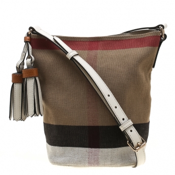 Pre Owned Burberry Brown/White Nova Check Canvas and Leather Mini Asby Tassel Bucket Crossbody Bag