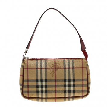 Pre Owned Burberry Beige/Red Haymarket Check PVC and Leather Pochette Bag