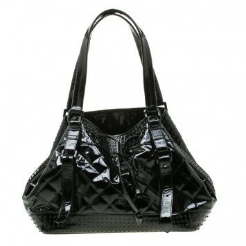 Pre Owned Burberry Black Quilted Patent Leather Studded Lowry Tote