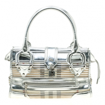 Pre Owned Burberry Silver House Check Canvas and Patent Leather Manor Satchel