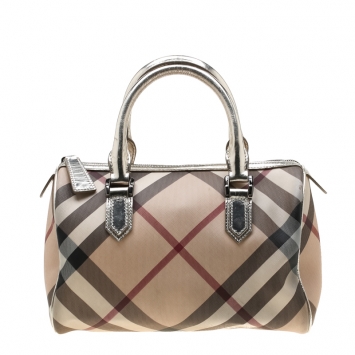 Pre Owned Burberry Silver Nova Check PVC and Leather Chester Boston Bag