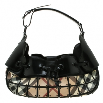Pre Owned Burberry Black/Beige Nova Check Leather Warrior Armor Hobo