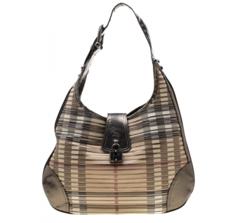 Pre Owned Burberry Olive Green Nova Check PVC and Patent Leather Brooke Hobo