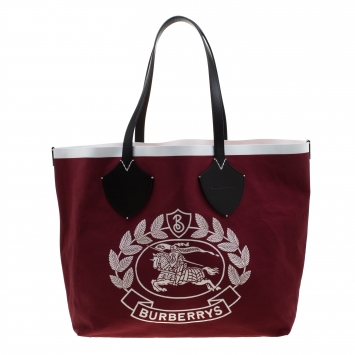 Pre Owned Burberry Maroon/Black Archive Logo Canvas And Leather Giant Tote