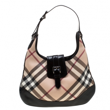 Pre Owned Burberry Black/Beige Nova Check PVC and Patent Leather Brooke Hobo