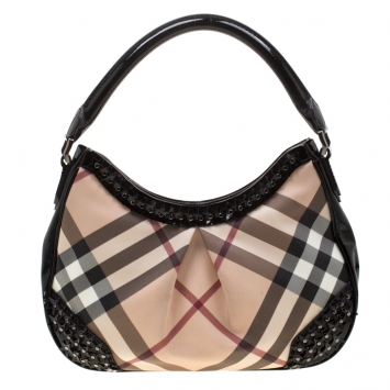Pre Owned Burbbery Beige/Black Nova Check PVC and Patent Leather Star Studded Hobo