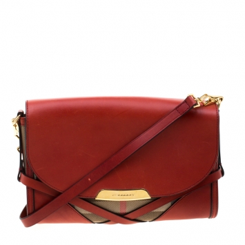 Pre Owned Burberry Red Leather And Fabric Abbott Crossbody Bag