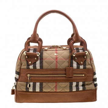 Pre Owned Burberry Check Canvas Leather Trimmed Satchel