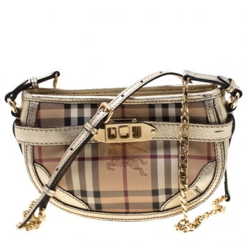 Pre Owned Burberry Beige/Gold Metallic Haymarket Check Coated Canvas And Leather Mini Langford Crossbody Bag