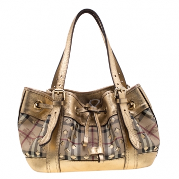 Pre Owned Burberry Beige/Gold Haymarket Check Cutout PVC and Leather Drawstring Tote