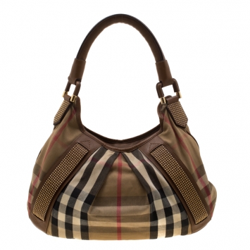 Pre Owned Burberry Brown Canvas and Leather Studded Nova Check Phoebe Hobo 