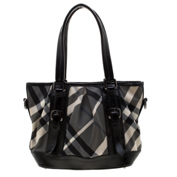 Pre Owned Burberry Black Beat Check Nylon and Patent Leather Small Lowry Tote