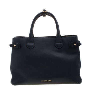 Pre Owned Burberry Navy Blue Leather and House Check Fabric Medium Banner Tote