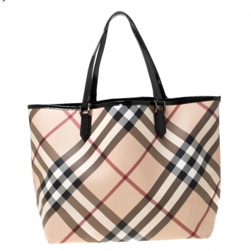 Pre Owned Burberry Beige/Black Supernova Check Coated Canvas Nickie Tote