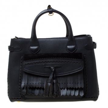 Pre Owned Burberry Black Leather Brogues Banner Fringe Tote