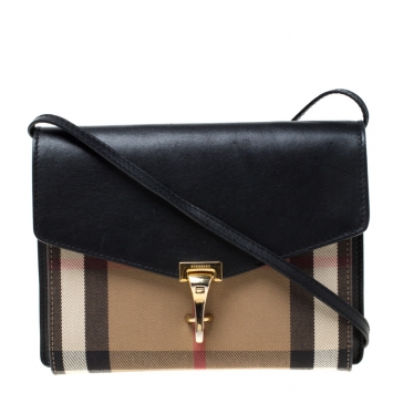 Pre Owned Burberry Black House Check Fabric and Leather Crossbody Bag