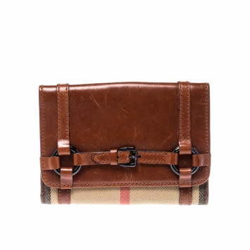 Pre Owned Burberry Brown/Beige House Check Canvas and Leather Flap Compact Wallet