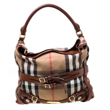 Pre Owned Burberry Brown House Check Canvas and Leather Medium Bridle Gosford Hobo