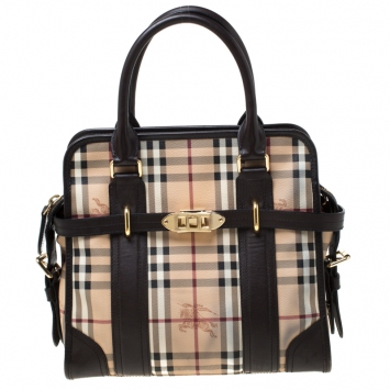Pre Owned Burberry Beige/Dark Brown Haymarket Check PVC and Leather Minford Satchel