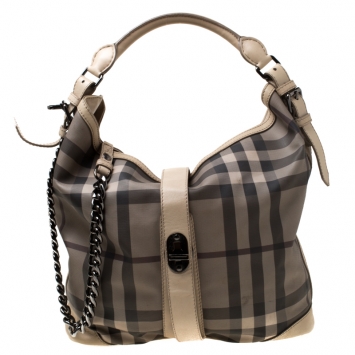 Pre Owned Burberry Beige Check Canvas and Leather Large Chain Hobo