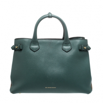 Pre Owned Burberry Sea Green Leather and House Check Fabric Medium Banner Tote