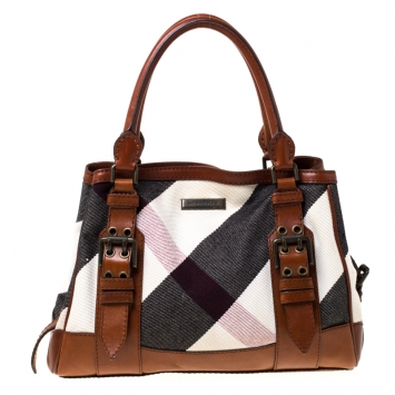 Pre Owned Burberry Tan Canvas and Leather Mega Check Tote