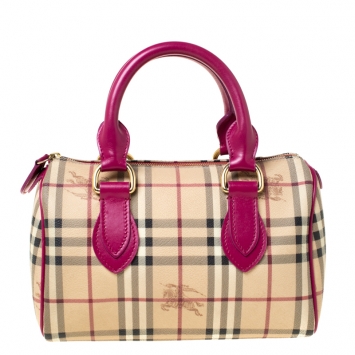 Pre Owned Burberry Beige/Fuchsia Haymarket Check Coated Canvas and Leather Boston Bag