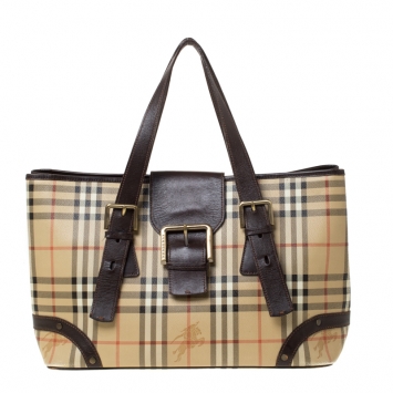 Pre Owned Burberry Beige/Brown Haymarket Check PVC and Leather Tote