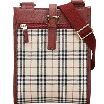 Pre Owned Burberry Brown/Red House Check Canvas And Leather Crossbody Bag