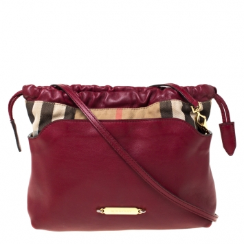 Pre Owned Burberry Burgundy House Check Canvas and Leather Little Crush Crossbody Bag
