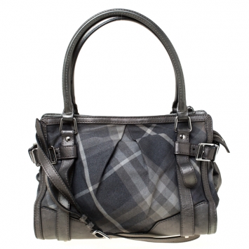 Pre Owned Burberry Dark Grey Beat Check Canvas and Leather Tote