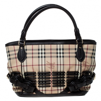 Pre Owned Burberry Beige/Brown Haymarket Check Coated Canvas and Leather Tote               