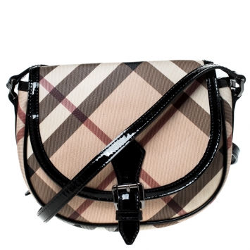 Pre Owned Burberry Beige/Black Nova Check Coated Canvas and Patent Leather Crossbody Bag